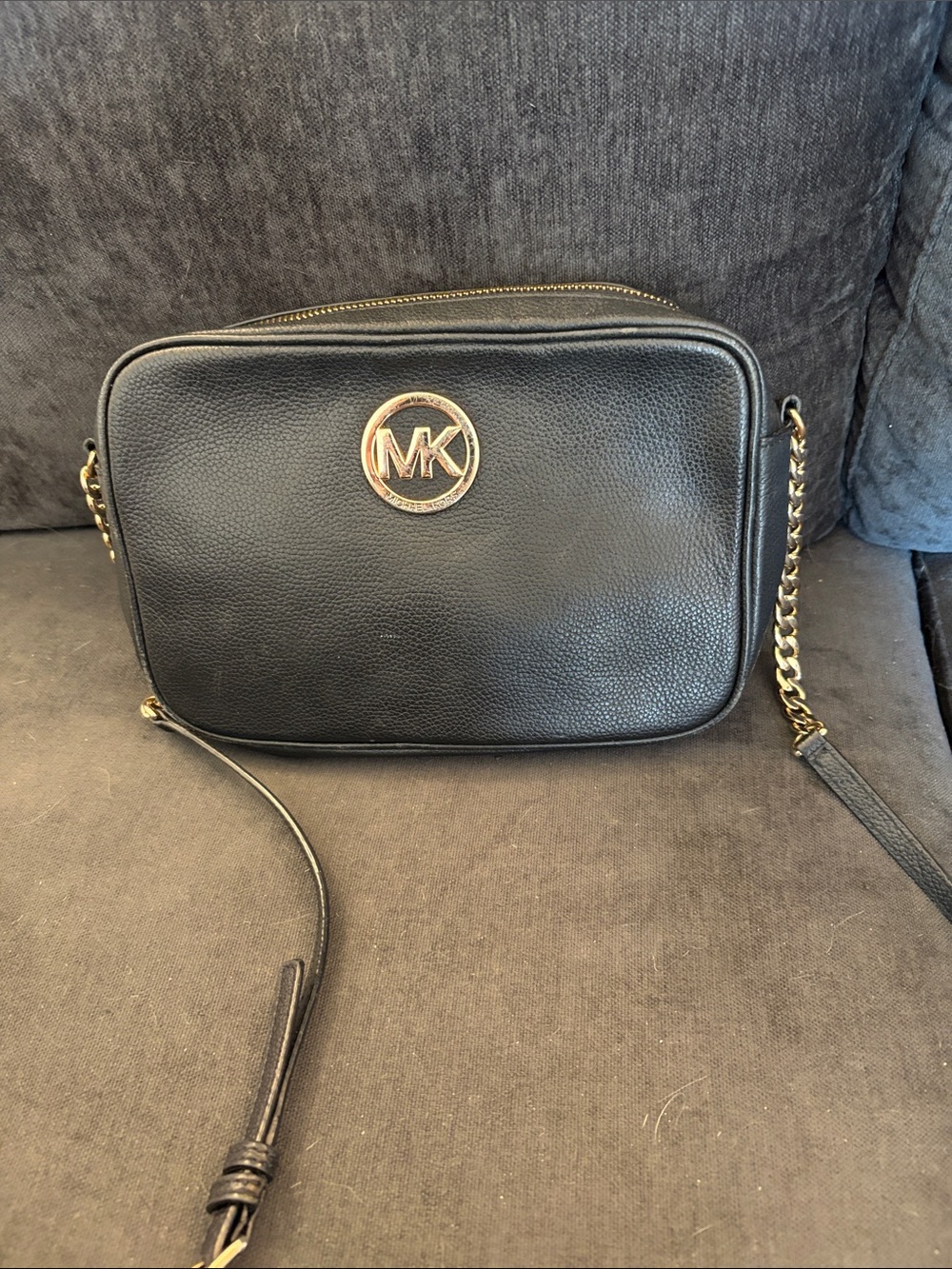 Michael Kors Black Pebbled Leather Camera Bag with Gold Hardware